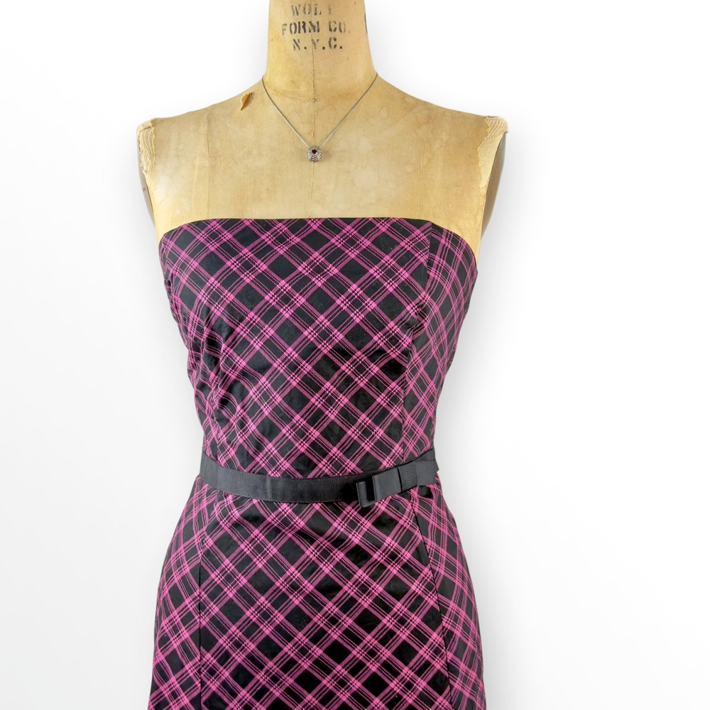 Y2K Plaid Strapless Pink Midi Dress Ruby Rox  Belt Coquette Punk Tartan Size M - Picture 3 of 8